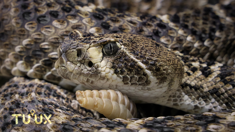 Serpiente de cascabel mostrando patrón dorsal y cuerpo robusto